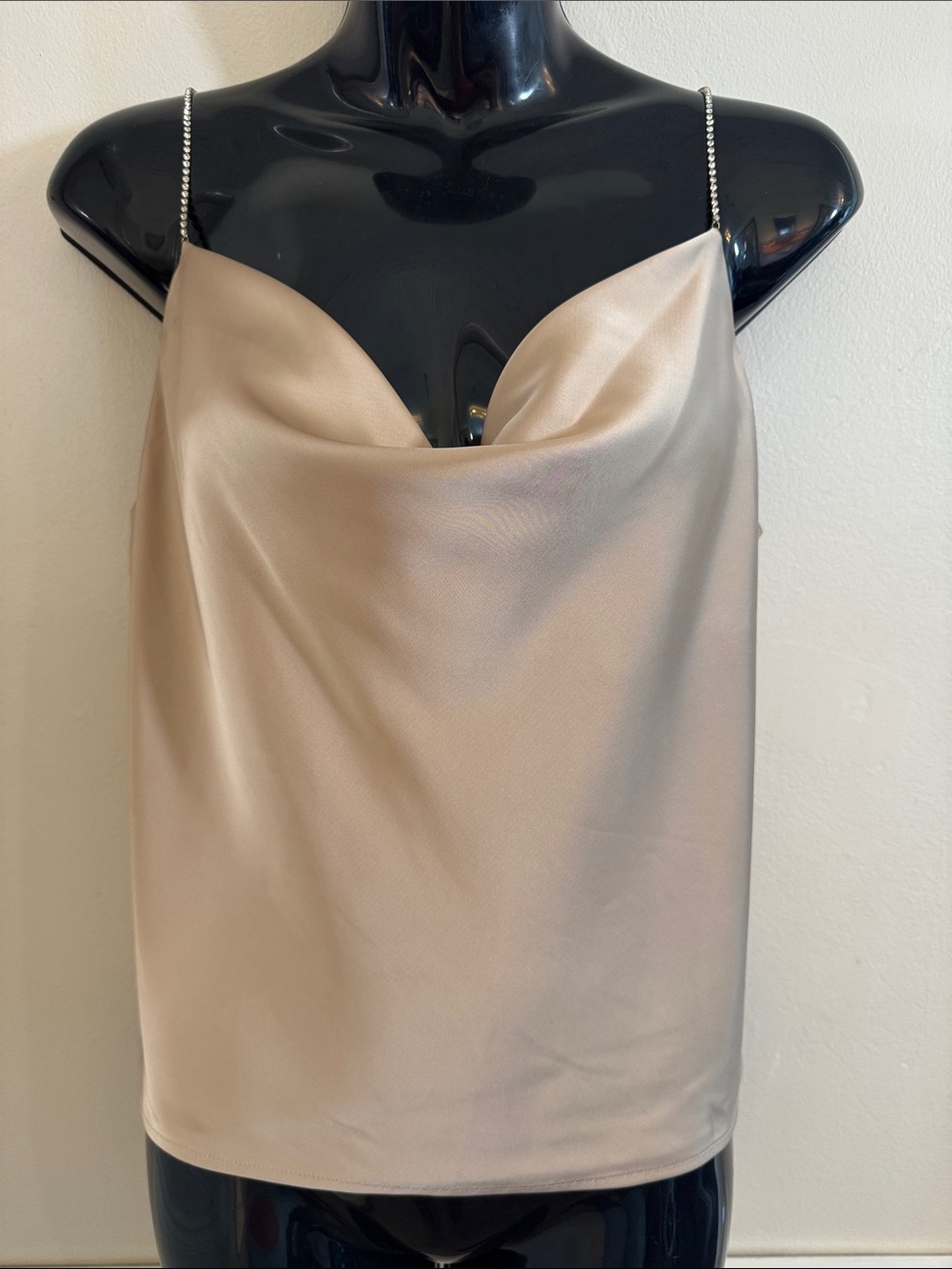 House of Harlow 1960 Cream Satin Cowl Tank with Rhinestone Straps | Size Small